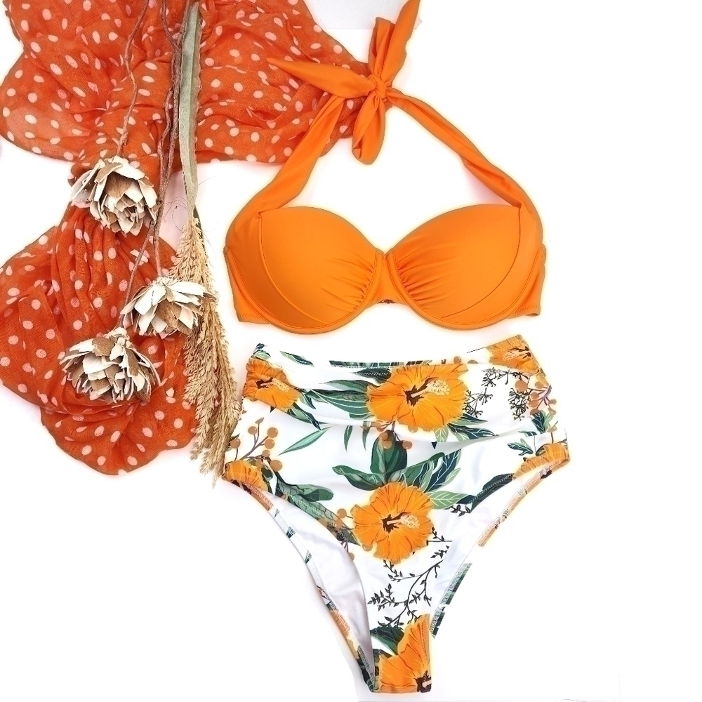 New Orange Floral 2pc Swimsuit Sz  XS / S - Picture 2 of 16
